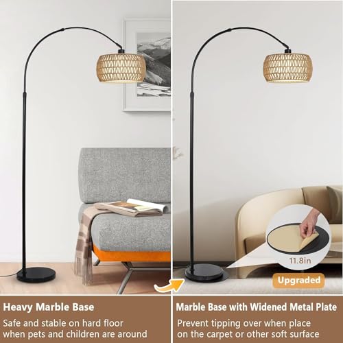 Homodoskey Arc Floor Lamp for Living Room with 3 Color Temperatures,Floor Lamps with Remote & Dimmable Bulb, Boho Standing Lamp with Rattan & Fabric Shade, Adjustable Tall Lamp for Bedroom, Office (A)