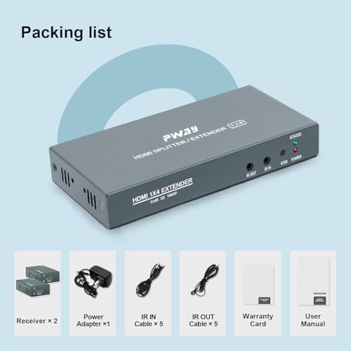 PW-HTS0104IR(POC) HDMI Splitter Extender Port 1X4 over Cat5e/Cat6 Ethernet Cable with IR No delay up to 60m (196 feet) and resolution up to 1080P@60Hz (1 input 4 outputs)