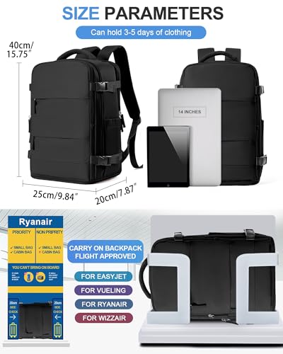 BJLFS Cabin Bags for Ryanair 40 x 30 x 20 x 20 cm Hand Luggage 40 x 20 x 25 cm Waterproof Travel Backpack Women Easyjet Backpack 45 x 36 x 20 cm Wizzair Backpacks with Shoe Holder Bag for Work Computer