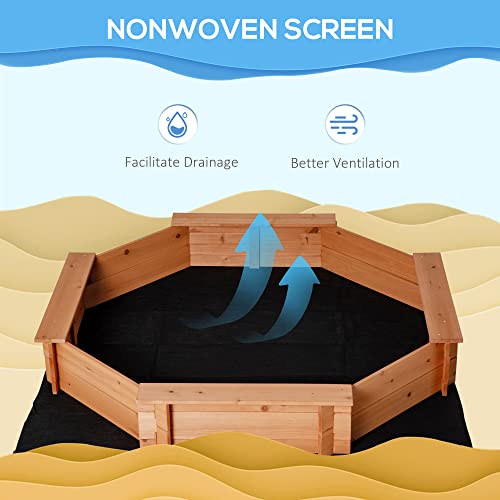 Outsunny Kids Sandbox with Cover, Octagon Wooden Sand Box with Seat, Outdoor Children Sand Pit for Backyard, Garden, Beach, 55" x 55" x 8.5", for Ages 3-8