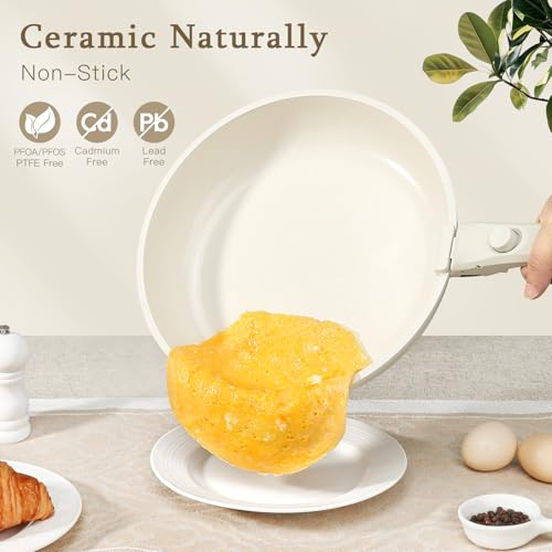 GiPP Ceramic Coating Pots and Pans Set Non Stick, 8pcs Nonstick Detachable Handle Cookware Sets, Non Toxic Induction Kitchen Pot and Pan, Healthy RV Cookware, Dishwasher＆Oven Safe(White)
