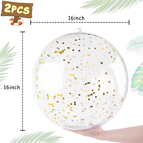 FUTUREPLUSX Glitter Beach Balls 16 Inch, 2PCS Swimming Pool Balls Inflatable Beach Ball with Gold Confetti for Kids Birthday Summer Pool Party