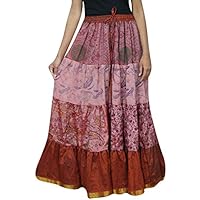 Womens Maxi Skirt Silk Sari Pink Belly Dance Tiered Long Flare Skirts L