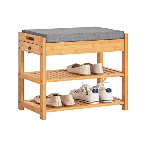 SoBuy Shoe Rack Bamboo Shoe Bench with Seat Cushion, 2-Tier Wooden Shoe Cabinet Organizer with Storage Drawer and Lift Up Top for Hallway and Bedroom, Natural, 55x30x46cm, FSR49-N