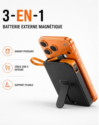 Power Bank pour MagSafe, Batterie Externe Magnétique Tout-en-Un 10000mAh