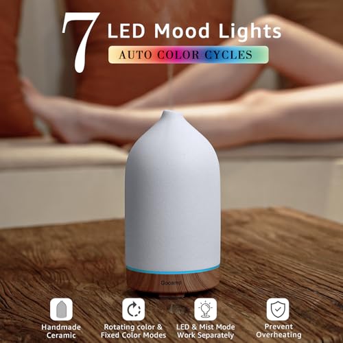 Gooamp 200ML Ceramic Essential Oil Diffuser for Home Humidifier | Ultrasonic Aromatherapy Diffuser Humidifier 7 Color LED Lights,Auto Shut-Off,3 Timers for Bedroom,Office,Yoga,Wood Grain Base