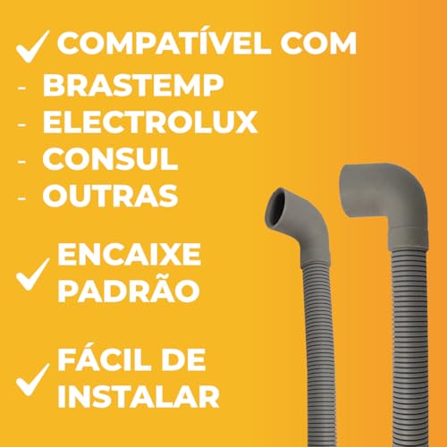 Mangueira de Saída Máquina de Lavar 3 Metros com Suporte – Compatível Brastemp Electrolux Consul Tanquinho – Mangueira Lavadora Reforçada Bocal Curvo 28mm