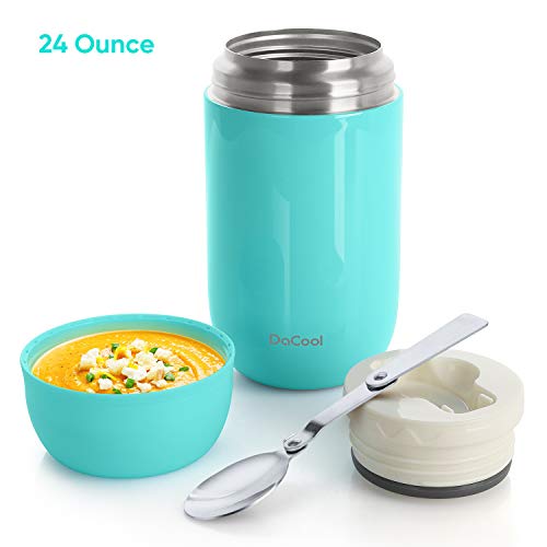 DaCool Insulated Lunch Container Hot Food Jar 24 oz Stainless Steel Vacuum Bento Lunch Box for Adult with Spoon Leak Proof Hot Food Insulated Container for Office Picnic Travel Outdoors, Cyan Blue
