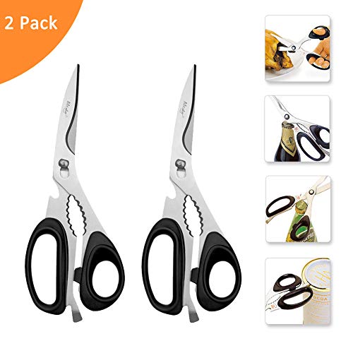 Kitchen Scissors, 2 Pack Come-Apart Kitchen Shears Herb Scissors, 4 in 1 Multi Purpose Stainless Steel Scissors for BBQ Chicken Poultry Meat Vegetables, Bottle Opener (Black)
