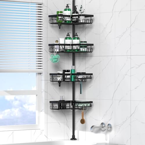 Cooeco Shower Caddy Corner - Telescopique Bathroom Shelf from 25 to 114 Inches, Rustproof Shower Caddy with 4 Baskets, No Drilling