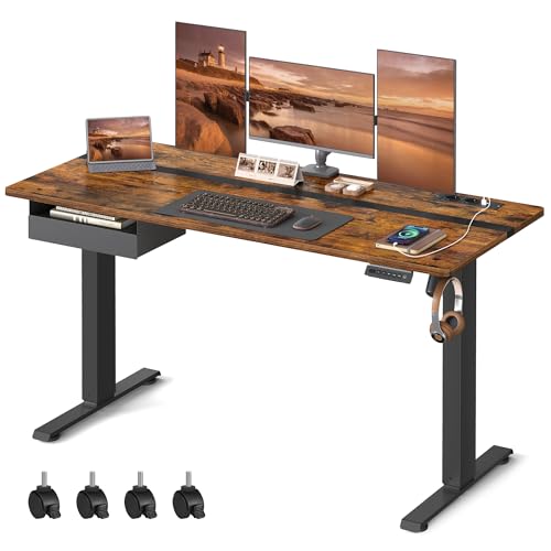 VASAGLE Höhenverstellbarer Schreibtisch elektrisch, mit Steckdose und Schublade, 60 x 140 cm Tischoberfläche, stufenlos verstellbar, Memory-Funktion m
