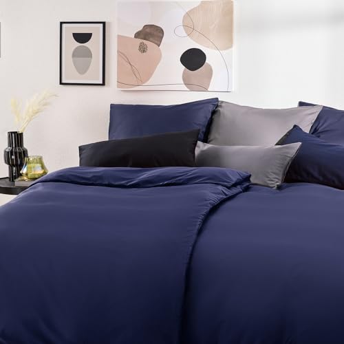 Blumtal Mako Satin Bettwäsche 200x220 Set & 2X 80x80 Kissenbezug Dunkelblau - Oeko Tex Zertifizierte Satin Bettwäsche aus 100% Baumwolle - edler Bettb