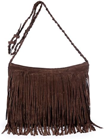 Girls Scrub Sling Leather Woven Mini Small Fringe Crossbody Bag Flap (Coffee)