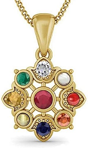 925 Sterling Silver 14k Yellow Gold Finish Women's Pendant with Chain with Navratna Stone