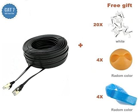 Biaze - Premium Flat CAT7 Ethernet Patch Network Cable Double Shielded RJ45, 10 Gigabit 600MHz for Switch / Router / Modem / Patch Panel - Gold Plated &amp; Shielded RJ45 Connectors, 100 Feet Black