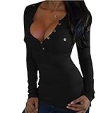 Sumtory Women Plus Size Long Sleeve Solid Button Down V Neck Tee Shirts Tops