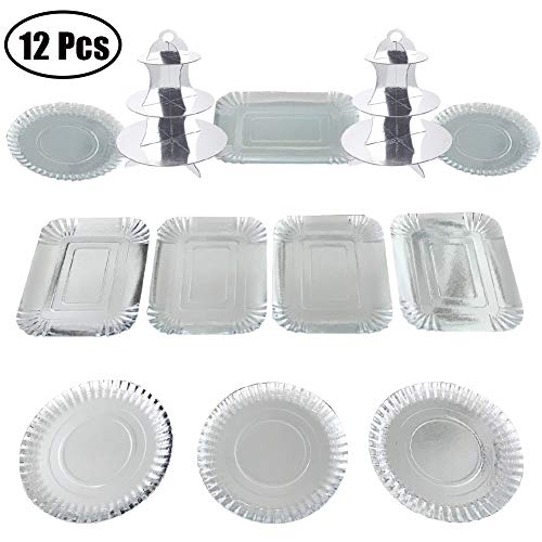 Agyvvt Set of 12 Pcs Cupcake Stands Silver Paper Cardboard Disposable Cake Candy Fruits Dessert Plate Rectangular Round Serving Tray for Wedding Home Birthday Party