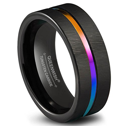 Mens Wedding Bands 8mm Two Tone Tungsten Rainbow Stripe Black Brushed Engagement Rings of Couples 14