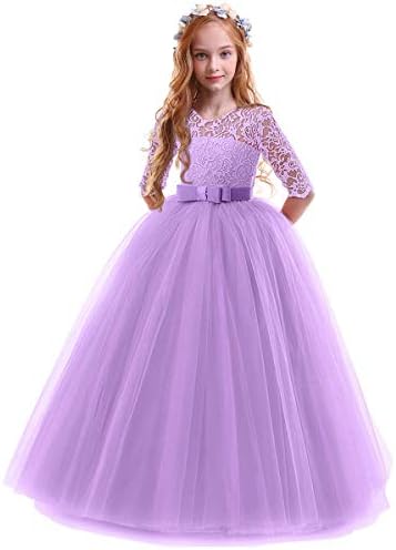 Flower Girl Long Princess Dress Vintage Lace Maxi Gown Kids Formal Wedding  Bridesmaid Pageant Tulle Dresses Little Big Girls Elegant Bowknot Dance  First Communion Birthday Prom Dresses Purple 13-14Y price in Saudi