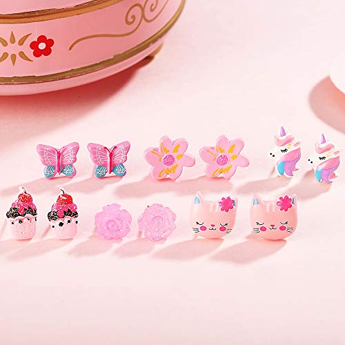 PinkSheep Earrings Set for Little Girls, Kids Stud Earring 12 Pair, Unicorn Flower Star Earrings