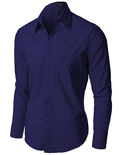 Stylish Comfortable Solid Color Long Sleeve Dress Shirts Navy L
