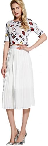Elastic Waist Chiffon Pleated Skirt for Women with High Waisted White L