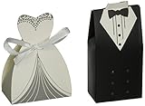 OliaDesign Wedding Party Creative Tuxedo Dress Groom Bridal Candy Gift Box with Ribbon, 50 Pairs