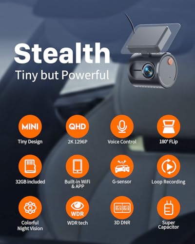KAWA 2K 1296P QHD Mini Car Camera, Voice Control Dashcam, G-Sensor, Free 32GB TF Card, Built-in WiFi, APP Control, WDR/3D DNR Night Vision, 24H Parking Mode