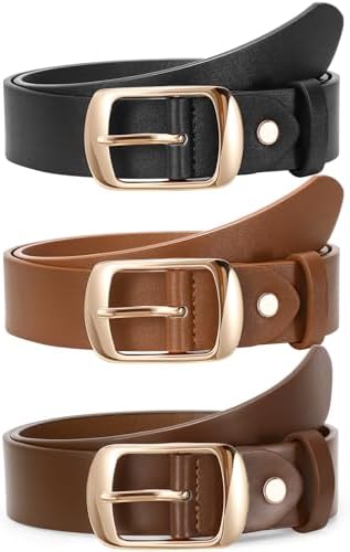 LEACOOLKEY 3 Pack Women Leather Belts for Jeans Gold Buckle  display picture 1