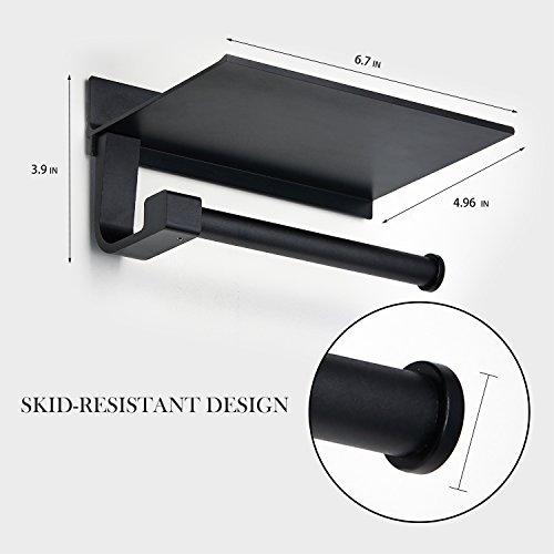 YAZOO Wall Mounted Toilet Paper Holder Black Stainless Steel Roll Holder With Mobile Phone Storage Shelf Adhesive Bathroom Accessories (Black-Two ways install) - Thumbnail 2