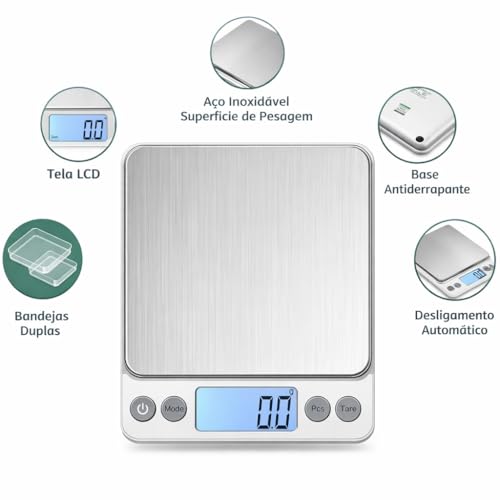 Balança Digital de Precisão 0,1g a 2kg para Cozinha e Jóias, Visor LCD Iluminado, 9 Unidades, Função Tara e Contagem de Peças, 2 Bandejas, Portáil Desligamento Automático