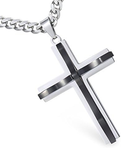 Davieslee Mens Chain Curved Cross Pendant Necklace Stainless Steel Curb Cuban Link Black Silver Tone 24inch