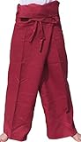Thick Polish Linen - Plain Thai Fisherman Wrap Pants Standard size M - Dark Red