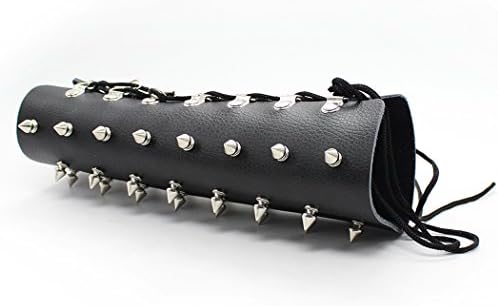 Adjustable Spikes Bracelet Arm Band Black Real Leather Wristband Costume Wrist Cuffs for Cosplay (Black)