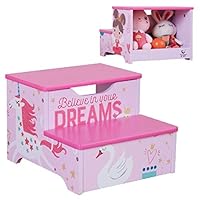 Toffy & Friends Kids Pink Wooden Step Stool with Storage,Children