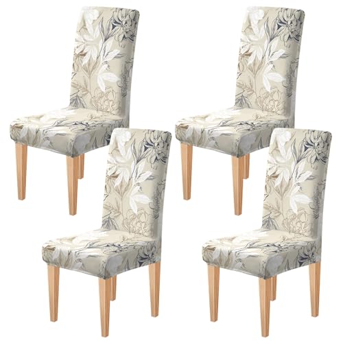 Dioxide Housse de Chaise Extensible Amovible Lot de 4 ou 6 Couverture de Chaise Lavable Housse de Salle à Manger à Imprimé Tendance Universel pour Bouquet, Restaurant (Jeu d'Ombres et de Fleurs, 4PC)