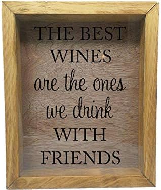 Wicked Good Decor Wooden Shadow Box Wine Cork/Bottle Cap/Tickets 9x11 - The Best Wines Are The Ones We Drink With Friends (Summer Oak w/Black)