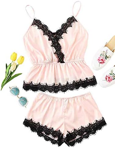 Women Sexy Lingerie Sheer Cami and Short Pajamas Set Lace Sleepwear Satin Babydoll PJS Set by Lowprofie