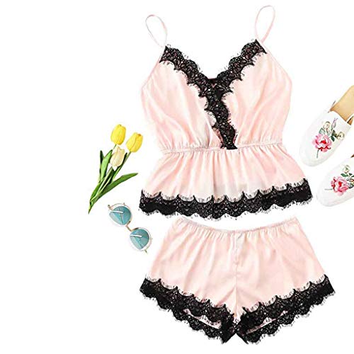 Women Sexy Lingerie Sheer Cami and Short Pajamas Set Lace Sleepwear Satin Babydoll PJS Set by Lowprofie