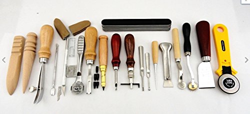 20 Tools Leather craft Hand Sewing Tool Set-Leathercraft Kit-Edge Stitching Groover,Edge Beveler,Edge Edger Beveler Skiving Tool,Edge Creaser,Hole Punch,Edge Grinding Polishi Tool,Skiving Tool,Skiving Knife,Awl,Carving knife,leather knife,Rotary Cutt
