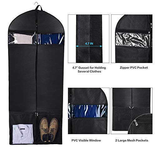 Wanapure 60"/54"/43" Garment Bags, 3 in 1 Suit Bag with 2 Large Mesh Shoe Pockets and Accessories Pocket, Trifold Suit Cover for Dress, Coat, Jacket, Closet Storage or Travel, Set of 2, Black - Thumbnail 2