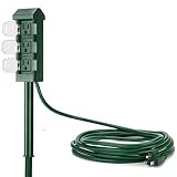 BESTTEN Outdoor Power Strip with 12 Foot Long Extension Cord, 3-Outlet Yard Power Stake with Weatherproof Protective Covers, ETL Certified, Green