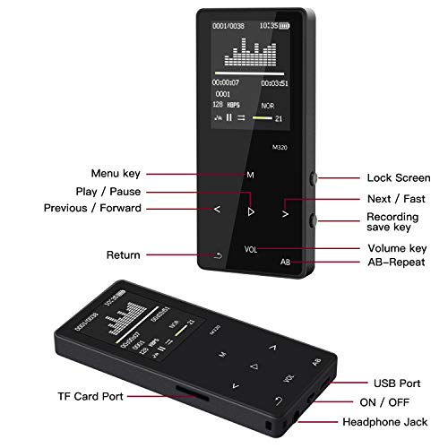 MP3 Music Player with Bluetooth, ASINNO 16GB Digital Lossless MP3/MP4 Audio Player with Voice Recorder/FM Radio/Media Player/E-Book Reader/Photo Viewer, Support up to 128GB-Black