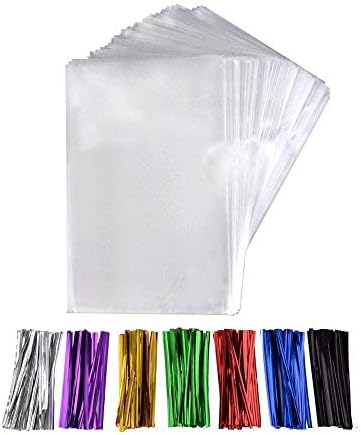 200 Pcs 6 in x 4 in(1.4mil.) Clear Flat Cello Cellophane Treat Bags Good for Bakery, Cookies, Candies,Dessert with five random color Twist Ties