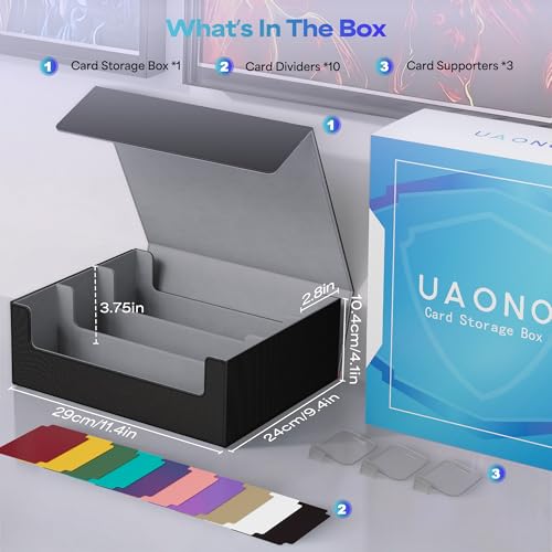 UAONO Trading Card Storage Box, Holds 1800 Sleeved Cards with 10 Dividers & 3 Stoppers, Magnetic Closure PU Leather Card Case for MTG, PTCG, YGO, Sports Cards (Black)