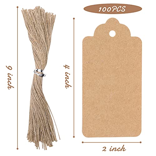 SallyFashion Kraft Paper Tags, 100 PCS Brown Kraft Paper Gift Tags Craft Hang Tags with Free 100 Root Natural Jute Twine for Gifts Arts and Crafts Wedding Holiday