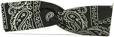 Bandana Print Headband Women's Yoga Hair Wrap Paisley Twisted 3" Stretchabable (Black)