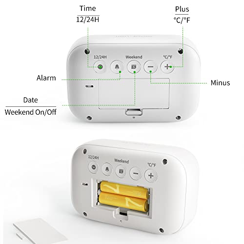 DOOMAY Digital Alarm Clock Bedside - Battery Powered Clock with LCD Display Volume Adjustable Snooze and Weekend Mode for Bedroom Office Desk Travel (White)