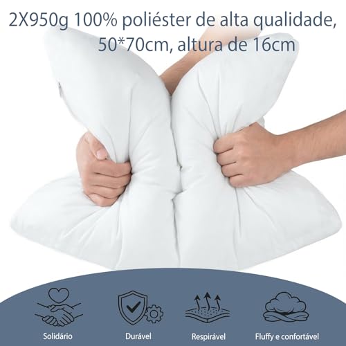 TOKE DIN DON Premium de 2 Travesseiros Alto e Macio 50x70cm, 16cm de Altura | Respirável Suporte Elástico, Travesseiro Cervical, Lavagem à Máquina sem Deformar, Antiácaro, Antialérgico, Branco