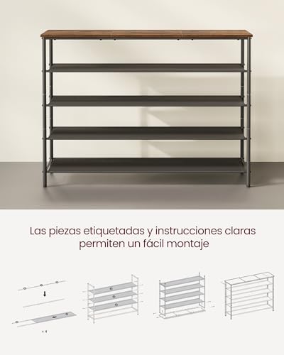 VASAGLE Zapatero, Organizador de Almacenamiento de Zapatos de 5 Niveles para Entrada y clóset, Capacidad para 20-24 Pares de Zapatos, 4 estantes de Tela, Marco de Acero, Industrial, café rústico y
